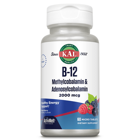 KAL B-12 Methylcobalamin & Adenosylcobalamin ActivMelt 2000 mcg | Natural Mixed Berry Flavor | Biologically Active Forms of B12 | 60 Micro Tablets - 021245981961