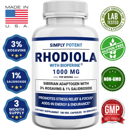 Siberian Rhodiola Rosea Capsules, Max Absorption Rhodiola 1000mg 180 Pills with 10mg Bioperine, Rhodiola Root Powder Extract Supplement w 3% Rosavins & 1% Salidroside for Stress Relief, Mood & Energy - 021893844410