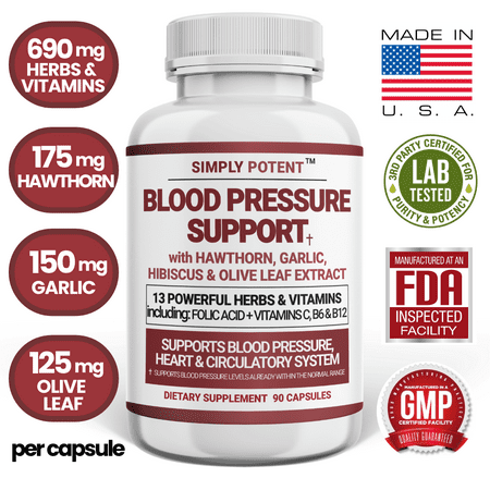 Blood Pressure Support Supplement 90 Capsules - Healthy Heart Cholesterol Cardio Hypertension High BP - 13 Vitamins & Herbs Folic Acid Vitamins C B6 & B12 Hawthorn Olive Leaf Garlic Hibiscus - 021893844465