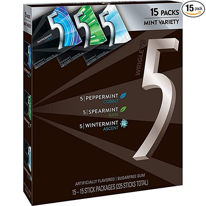 5 Gum Sugarfree Chewing Gum Three Flavor Variety Pack, 15-Count Box (Pack of 15) - 022000012531