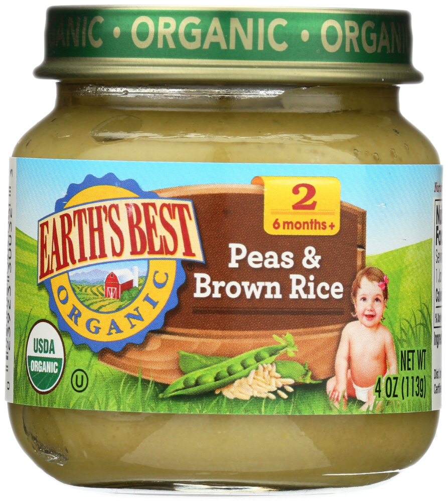 EARTH’S BEST: Organic Baby Food Stage 2 Peas & Brown Rice, 4 oz - 0023923300323