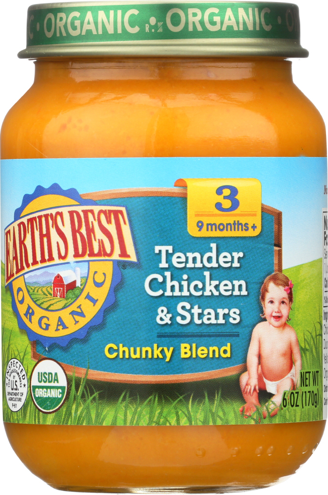 EARTH’S BEST: Organic Baby Food Stage 3 Tender Chicken & Stars Chunky Blend, 6 Oz - 0023923700833