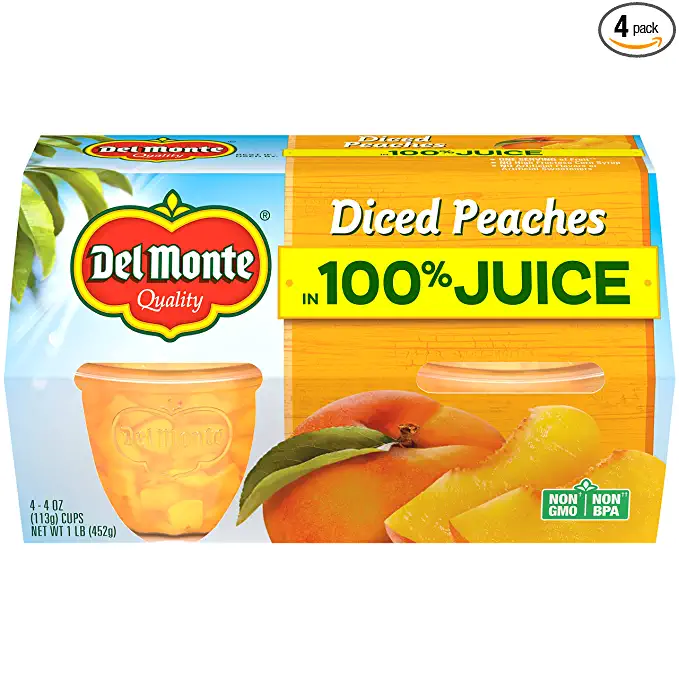 Del Monte Diced Peaches Fruit Cup in 100% Juice, Unscented, 4 Ounce (Pack of 4) - 024000034094