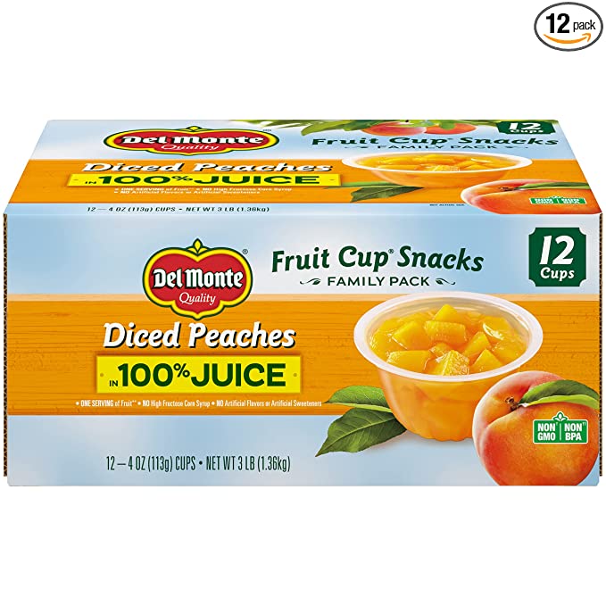 DEL MONTE Diced Peaches FRUIT CUP Snacks in 100% Fruit Juice, 12 Pack, 4 oz - diced