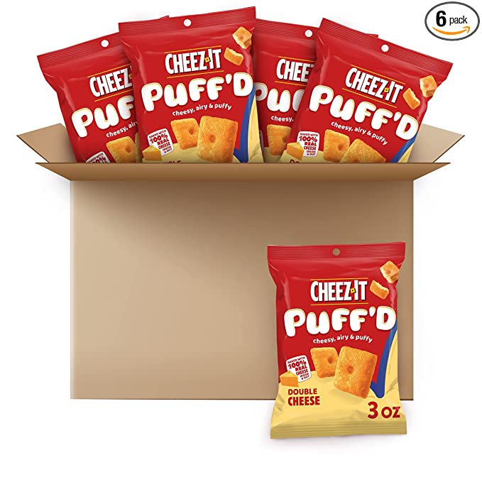  Cheez-It Puff'd Cheesy Baked Snacks, Puffed Snack Crackers, Kids Snacks, Double Cheese, 18oz Case (6 Pouches)  - 024100000227