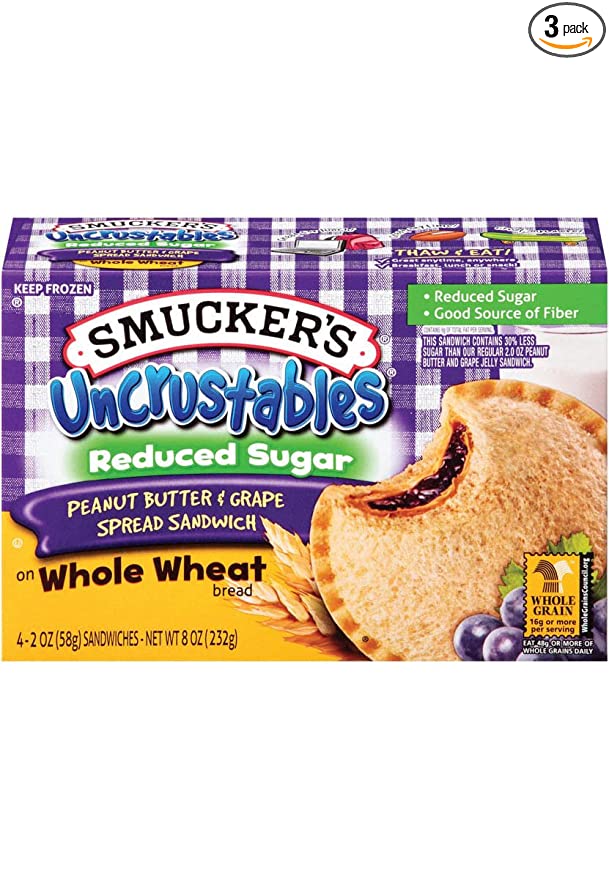  SMUCKERS UNCRUSTABLES FROZEN SANDWICHES PEANUT BUTTER & GRAPE SPREAD ON WHOLE WHEAT & REDUCED SUGAR 4 CT PACK OF 3  - 024131026517