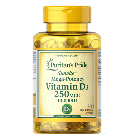 Puritan s Pride Vitamin D3 250 mcg -200 Softgels (10 000 IU) - 025077172474