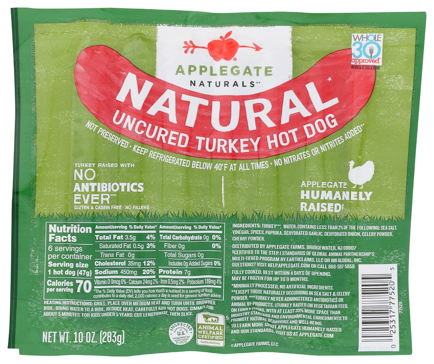 APPLEGATE: Natural Uncured Turkey Hot Dog, 10 oz - 0025317775205