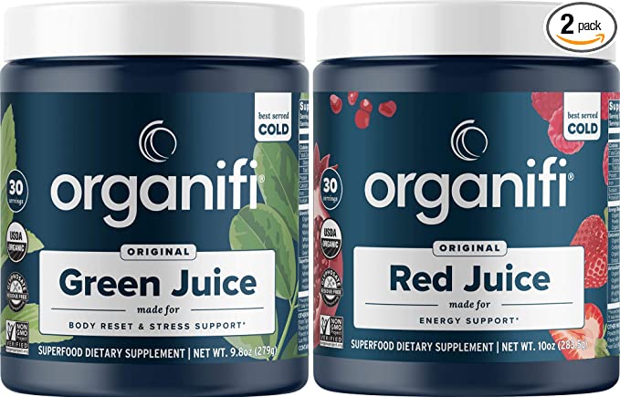  Organifi Green Juice and Red Juice Bundle - 30 Day Supply - Delicious, Refreshing Organic Superfood Supplement Powder With Antioxidants for Energy and Stress Relief Support - No GMO, Gluten, or Soy  - 026404663689