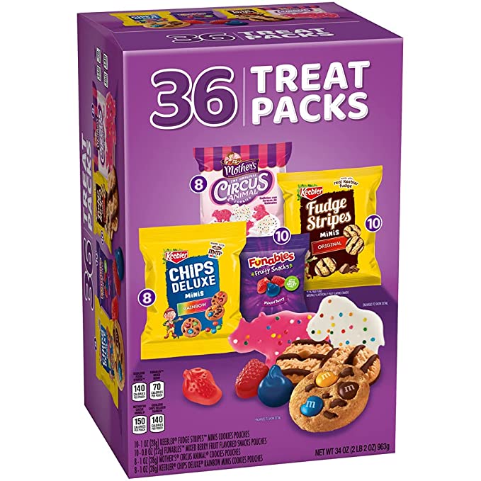  Keebler Sweet Treat Variety Pack 10ct Keebler Fudge Stripes Minis, 8ct Keebler Chips Deluxe Minis, 8ct Mother’s Circus Animal Cookies, 10ct Funables Mixed Berry Fruit Snacks 36 oz Box  - 027800057966