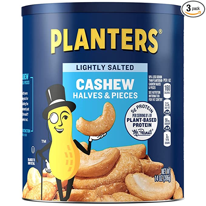  PLANTERS Lightly Salted Cashew Halves & Pieces, 14 oz Canister (Pack of 3), Cashews Roasted in Peanut Oil with Sea Salt, Snacks for Adults, Resealable Lid for Long-Lasting Freshness, Kosher  - 029000022836