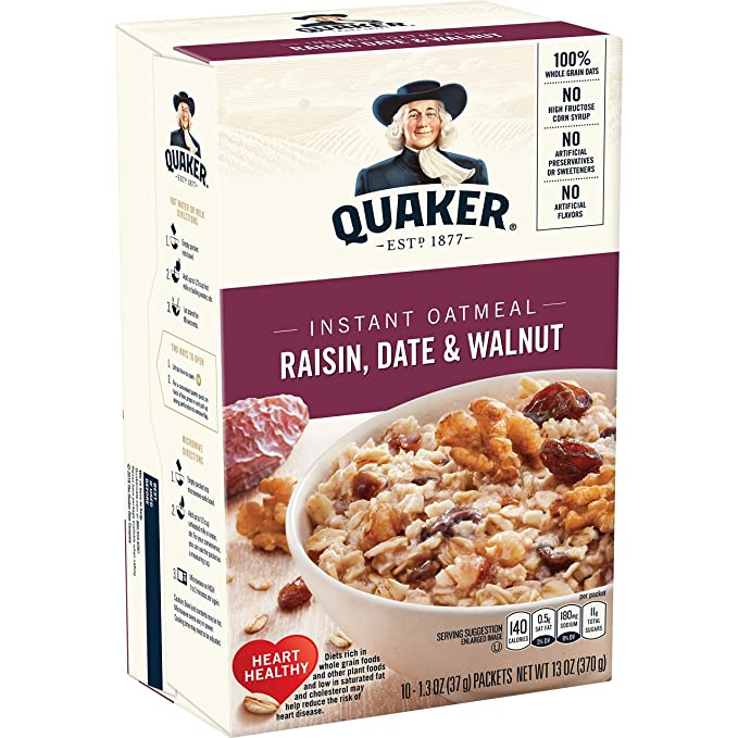  Quaker Instant Oatmeal Raisin, Date & Walnut, 1.3 Ounce Packs - 10 Count Boxes, 13 ounce (Pack of 12) - instant