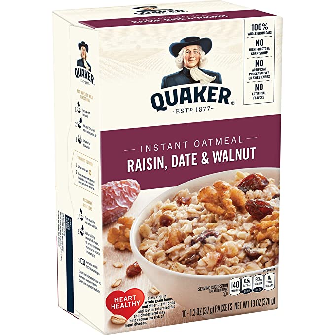 Quaker Instant Oatmeal Raisin, Date & Walnut, 1.3 Ounce Packs - 10 Count Boxes, 13 ounce (Pack of 12) - instant