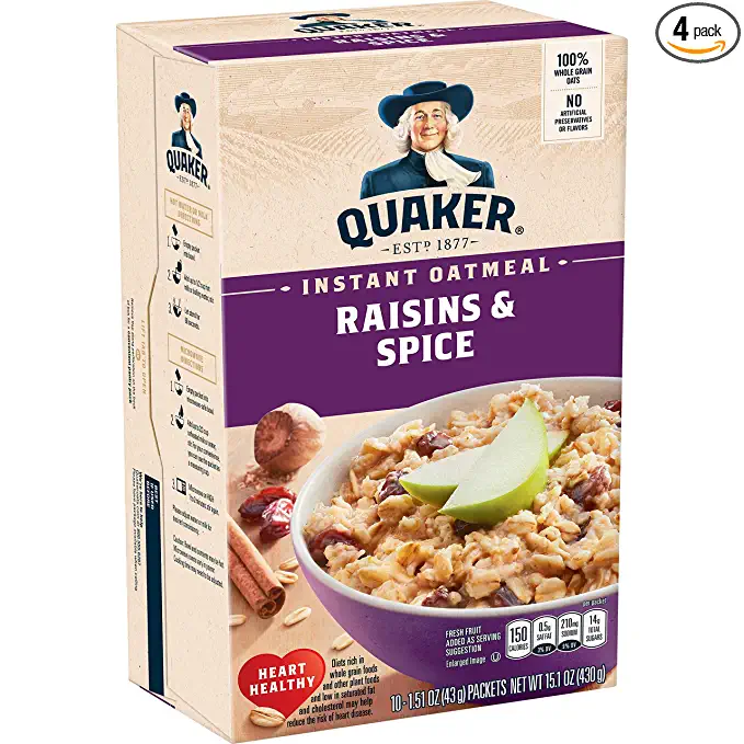  Quaker Instant Oatmeal, Raisin & Spice, Breakfast Cereal, 10 count , 1.51 oz Packets Per Box (Pack of 4) - 030000013205