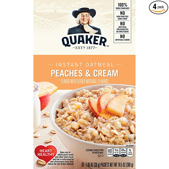  Quaker Instant Oatmeal, Peaches & Cream, Breakfast Cereal, 10 Packets Per Box - 030000018002