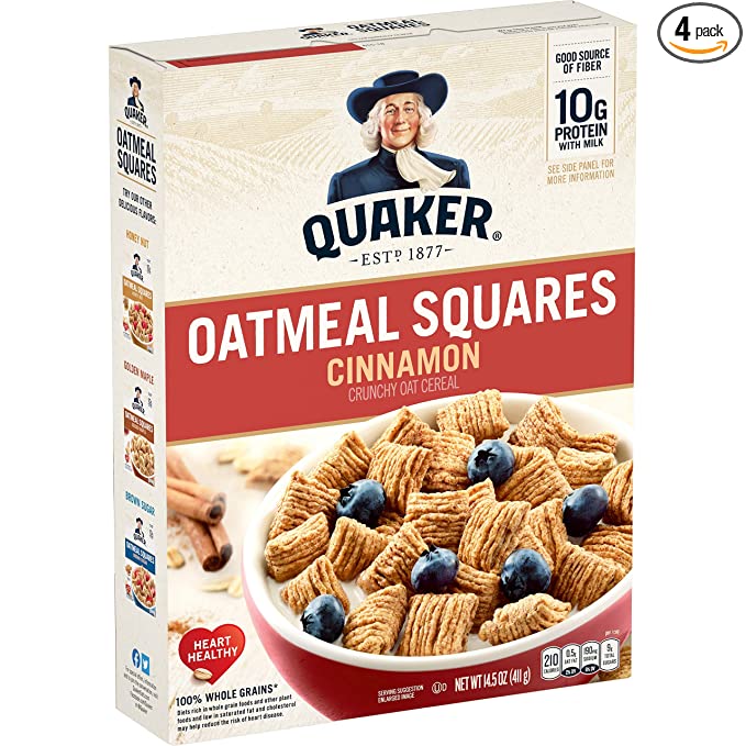  Quaker Oatmeal Squares Cereal, Cinnamon, 14.5-Ounce Boxes (Pack of 4) - 030000061534