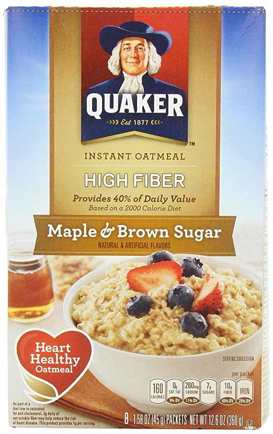 Quaker Instant Oatmeal, High Fiber, Maple Brown Sugar, 12.6-ounce (Pack of 6) - maple
