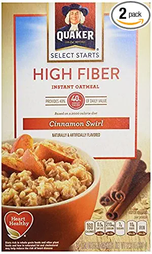 Quaker High Fiber Cinnamon Swirl Instant Oatmeal 12.6 Oz (Pack of 2) - 030000261927