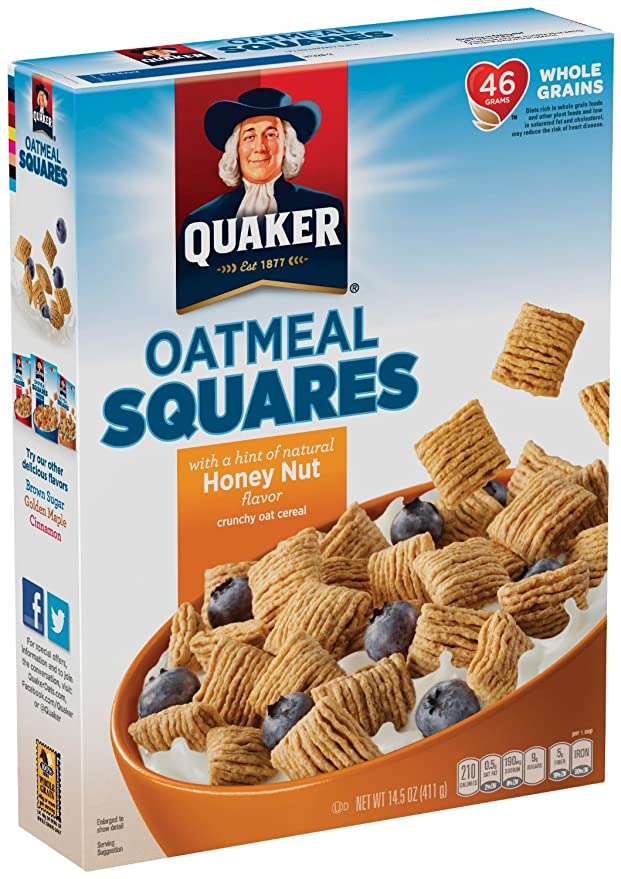  Quaker Honey Nut Oatmeal Squares Cereal, 14.5 oz Pack of 4 - 030000313282