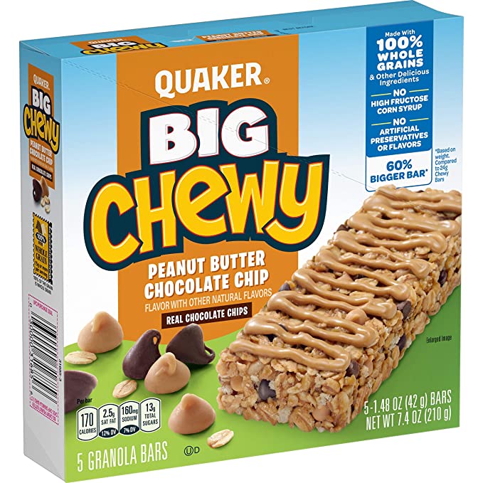  Quaker Big Chewy Chocolate Chip Granola Bar, Peanut Butter, 1.48oz 5 Count, 7.4oz  - 100