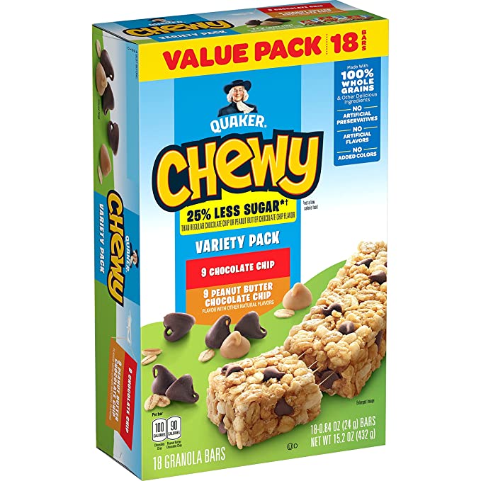 Quaker Chewy Granola Bars, 25% Less Sugar, 2 Flavor Variety Pack, (18 Pack) - 030000450109