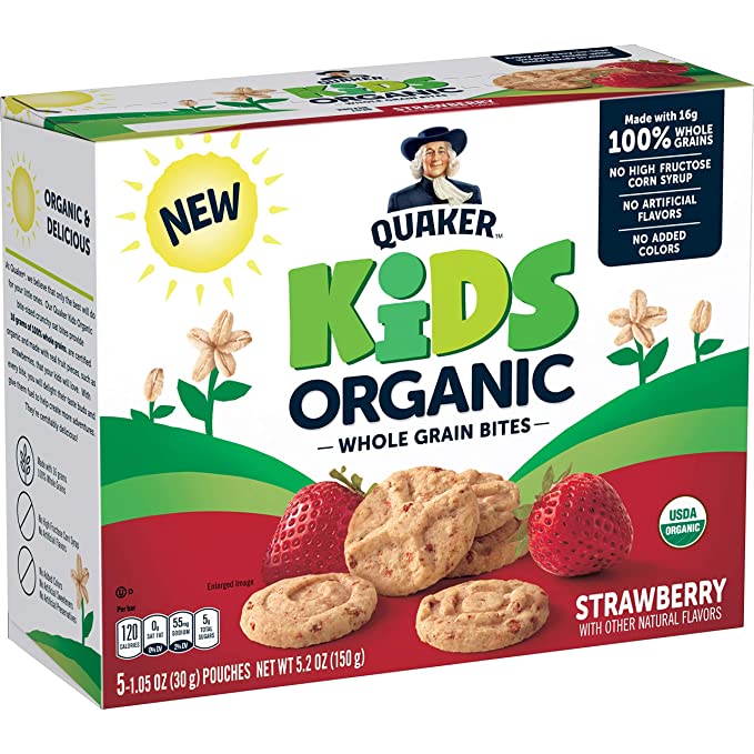  Quaker Kids Organic Whole Grain Bites, Strawberry, 1.05oz Pouches, 5 Count  - 030000566763