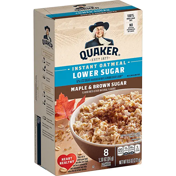 Quaker Lower Sugar Instant Oatmeal, Maple Brown Sugar, 1.19oz Packets (8 Pack) - 030000568552