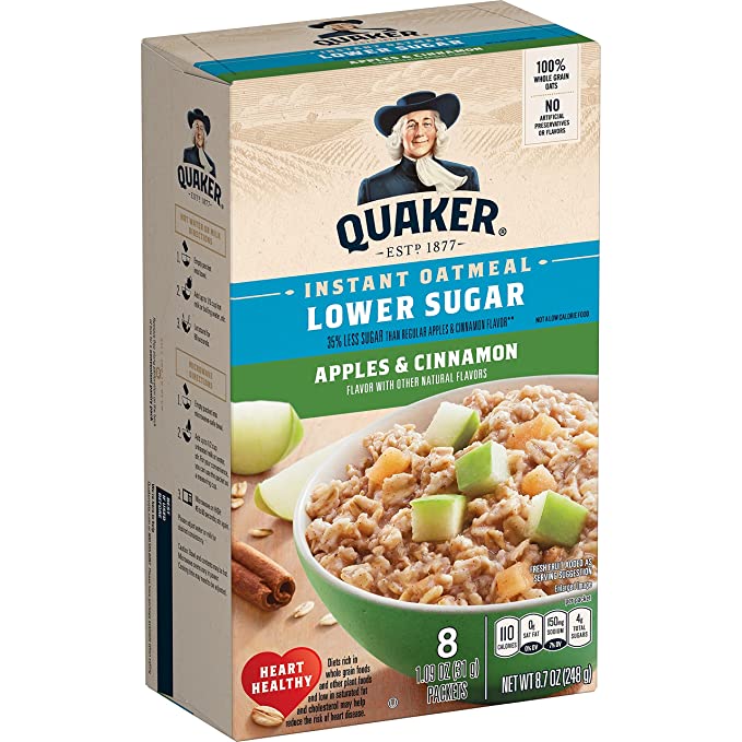  Quaker Instant Oatmeal Apple Cinnamon, Lower Sugar, 8 Count - 030000568569