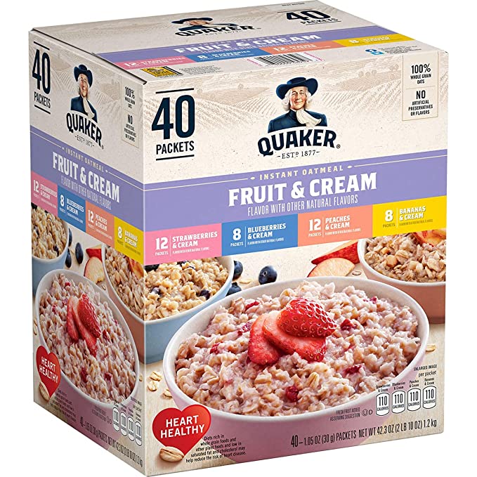 Quaker Instant Oatmeal Fruit & Cream, Variety Pack (40 Pk.) Net Wt 42.3 Oz - 030000569597