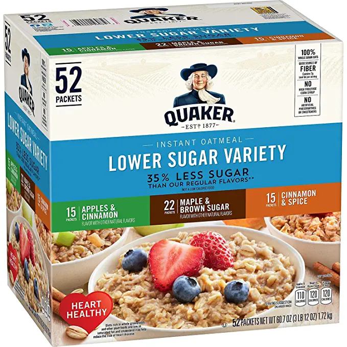  Quaker Lower Sugar Instant Oatmeal, Variety Pack (52 pk.) - 030000569856