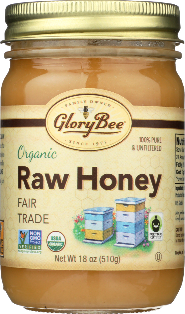 GLORY BEE: Raw Organic Fair Trade Honey, 18oz - 0030042727023