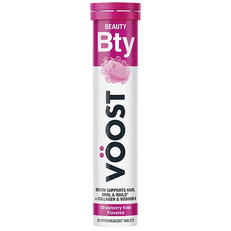 VOOST Beauty Biotin Vitamin E Vitamin C and Collagen to Support Hair Skin & Nails Effervescent Vitamin Drink Tablet Strawberry Kiwi Flavor No Sugar + Low Calorie Vitamin Blend 20 count - 030772041208