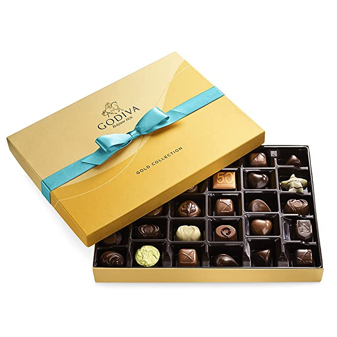 Godiva Chocolatier Assorted Chocolate Gift Box - Assorted Dark, Milk, White, Raspberry, Caramel, and Chocolate- Blue Ribbon Classic Gold Box - 36 pieces - 031290144662