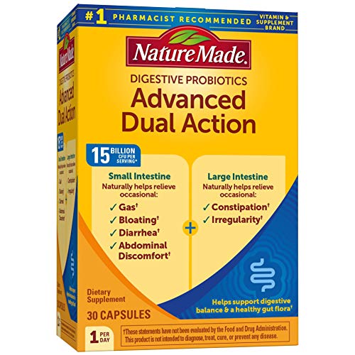 Nature Made Advanced Dual Action Probiotics 15 Billion CFU Per Serving 30 Capsules for Gas Bloating and Digestive Balance (Packaging May Vary) - 031604030087
