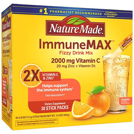 Nature Made ImmuneMAX Fizzy Drink Mix, with Vitamin C, Vitamin D, and Zinc Supplement for Immune Support, Fast Absorption, 30 Stick Packs, 0.4 Ounce (B08FNQ22SS) - 031604040994