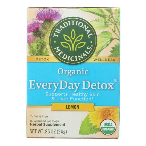 TRADITIONAL MEDICINALS: Organic Everyday Detox Lemon Caffeine Free Herbal Tea 16 Tea Bags, 0.85 oz - 0032917001979
