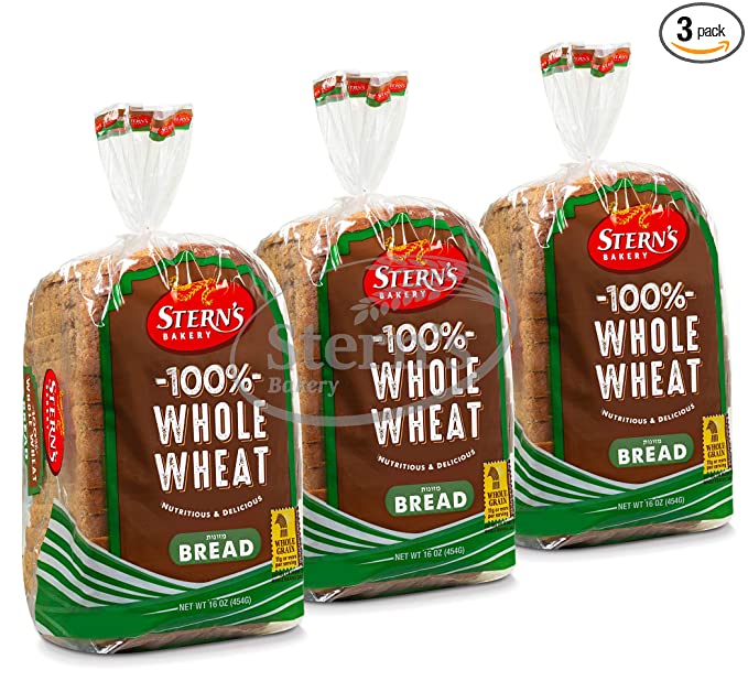  100% Whole Wheat Bread Sliced - 3 Pack - 16 oz per Loaf | Delicious Sandwich Bread | Kosher Bread | Dairy & Nut Free | 2-3 Day Shipping | Stern’s Bakery  - 033454008162