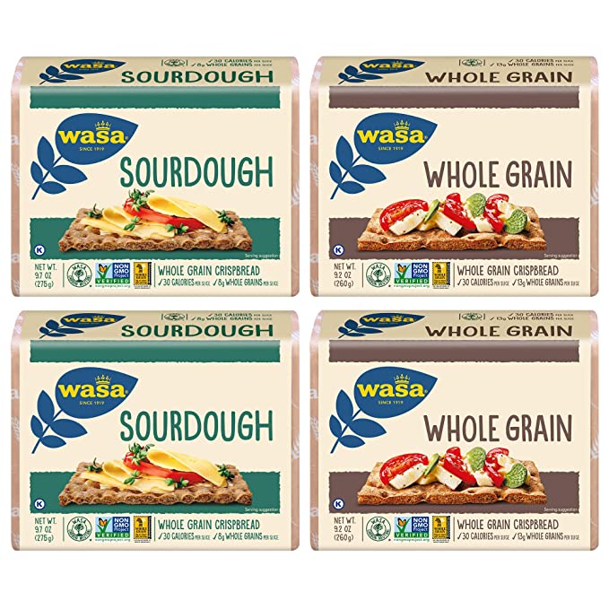  Wasa Swedish Crispbread, All-Natural Crackers, Fat Free, No Saturated Fat, 0g of Trans Fat, No Cholesterol, Kosher Certified, 3 Lb, Variety Pack (2 Sourdough, 2 Whole Grain) - 033617000613