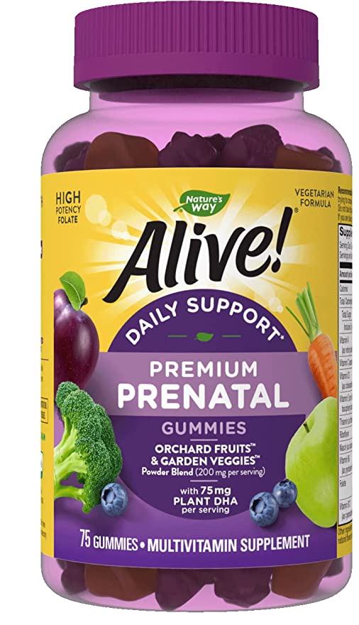  Nature’s Way Alive! Complete Premium Prenatal Gummy Multivitamin, High Potency Folate, Plant-Based DHA, Vegetarian, Strawberry and Lemon Flavored Gummies, 75 Gummies  - 033674104828