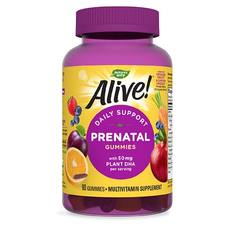 Nature’s Way Alive! Daily Support Prenatal Gummies 50mg Plant-Based DHA per Serving Vegetarian 90 Gummies Orange and Raspberry Lemonade Flavored - 033674104880