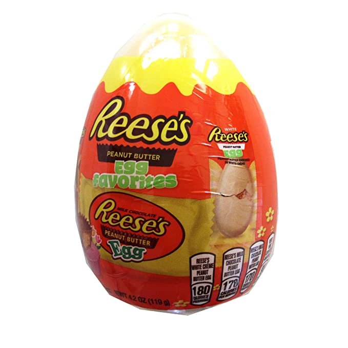 Hershey (1 Egg) Easter Reese's Peanut Butter Egg Favorites & Plastic Egg Shell Case - Milk Chocolate Peanut Butter Eggs, Mini Chocolate Peanut Butter Cups, Peanut Butter White Creme - 4.2 oz / 119 g - 034000493036