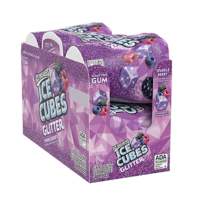 ICE BREAKERS ICE CUBES Glitter Sparkleberry Sugar Free Chewing Gum, Made with Xylitol, 3.24 oz Bottles (6 Count, 40 Pieces)  - 034000702756