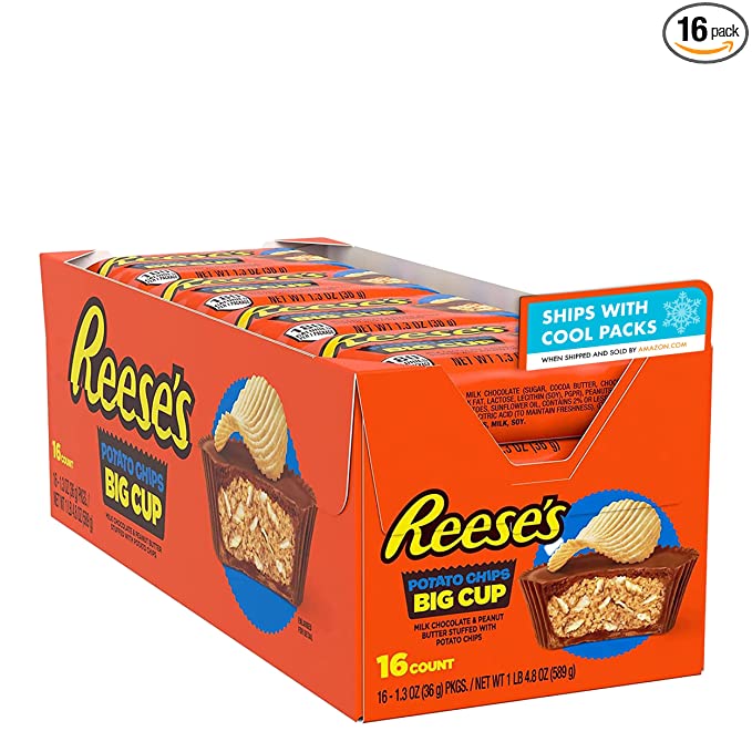 REESE'S Big Cup Milk Chocolate Peanut Butter with Potato Chips Cups Candy, Gluten Free, Bulk, 1.3 oz Packs (16 Count) - 034000939350
