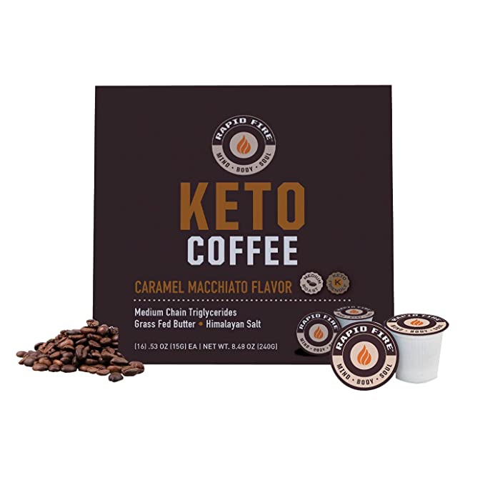 Rapidfire Caramel Macchiato Ketogenic High Performance Keto Coffee Pods, Supports Energy & Metabolism, Weight Loss Diet, Single Serve K Cup, Brown, 16 Count - 035046108816