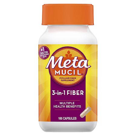 Metamucil Daily Psyllium Husk Powder Supplement 3-in-1 Fiber for Digestive Health Plant Based Fiber 100ct Capsules (Pack of 2) - 037000405146