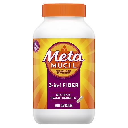 Metamucil, Psyllium Husk Fiber Supplement, 3-in-1 Fiber for Digestive Health, Plant Based Fiber, 300 Capsules (B001TH7K0G) - 037000434870