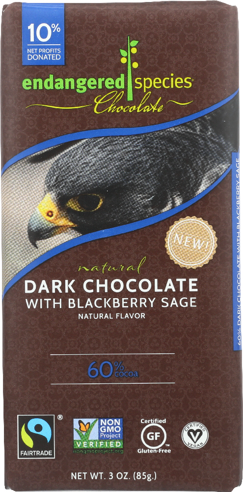 ENDANGERED SPECIES: Chocolate Natural 60% Dark Chocolate Bar Blackberry Sage, 3 Oz - 0037014000399