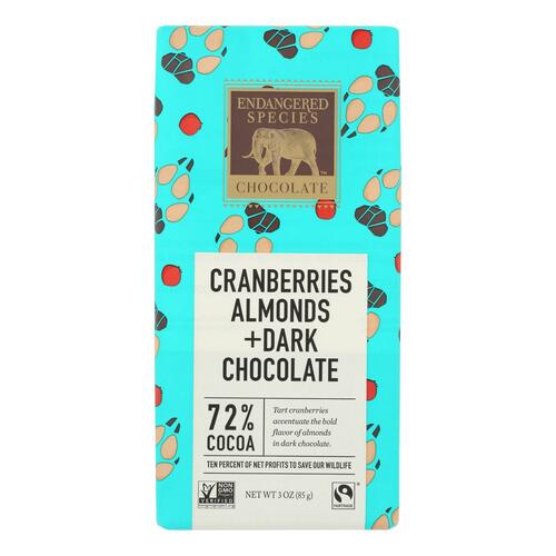 Endangered Species Natural Chocolate Bars - Dark Chocolate - 72 Percent Cocoa - Cranberries And Almonds - 3 Oz Bars - Case Of 12 - 037014242300