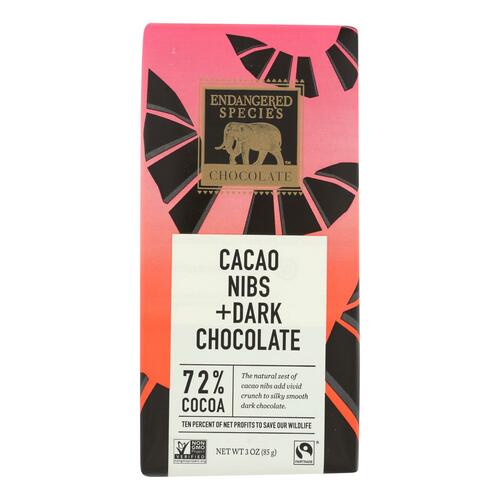 Endangered Species Natural Chocolate Bars - Dark Chocolate - 72 Percent Cocoa - Cacao Nibs - 3 Oz Bars - Case Of 12 - 037014242485