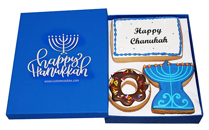  Hanukkah Cookie Gift Basket Hand Decorated Vanilla Sugar Cookies Gourmet Kosher Food Dessert Gift Box For Kids Adults Family Coworkers & Friends 3 Count  - 037553342486